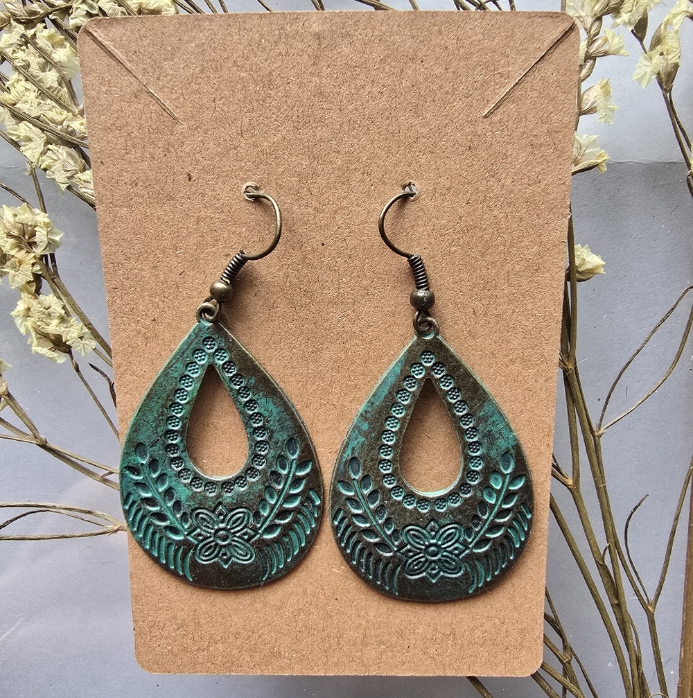 Patina Teardrop Earrings | Boho Floral Earrings | Verdigris Statement Jewelry